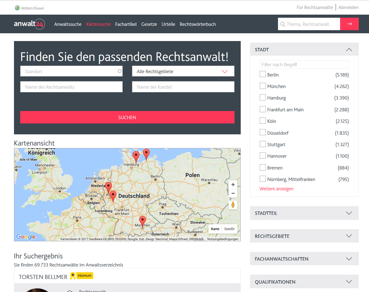 Mandantengewinnung mit anwalt24. Dynamische Kartensuche und Anwaltssuche mit Filter! | anwalt24