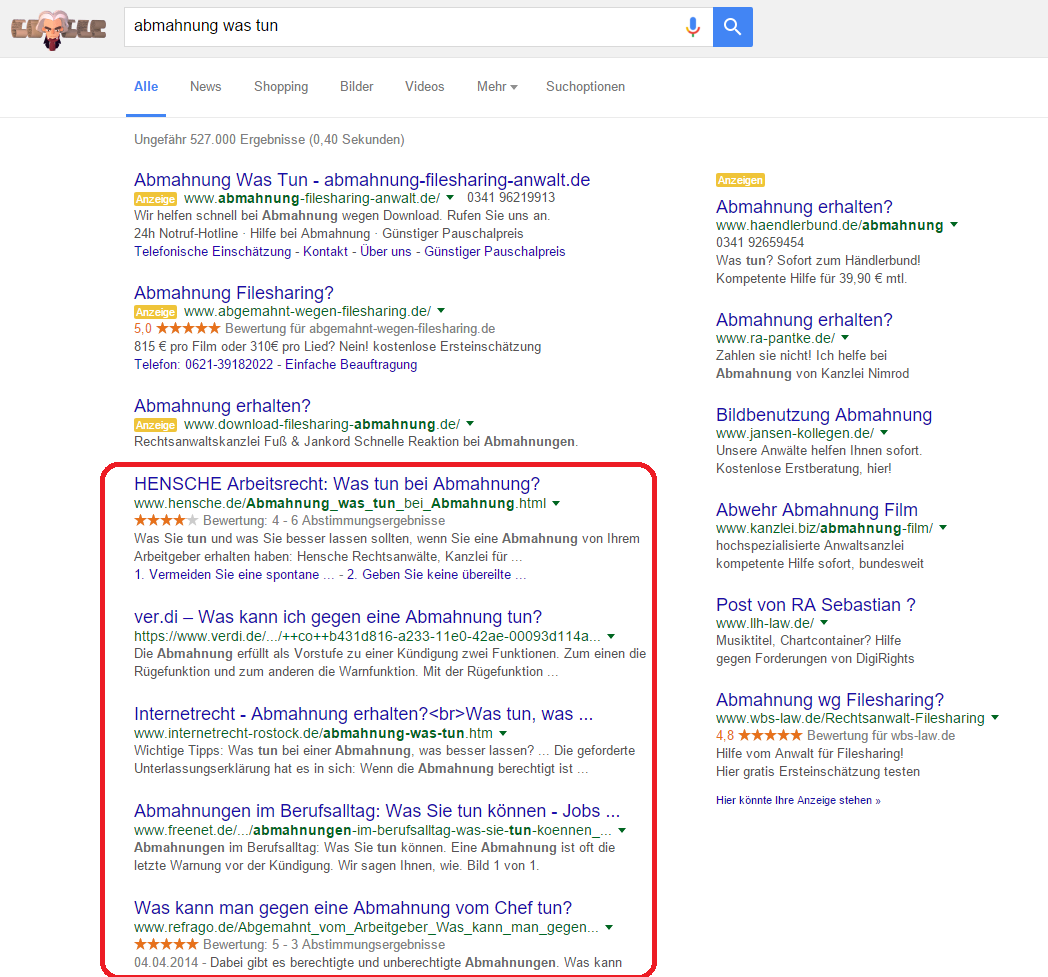 SEO für Anwälte! Google SERP nach Suche nach "Abmahnung" | anwalt24