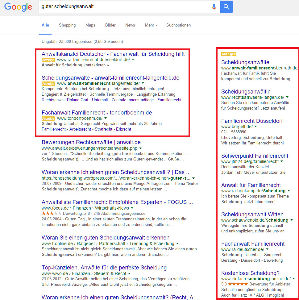 AdWords-Anzeigen auf der ersten Google-SERP | anwalt24