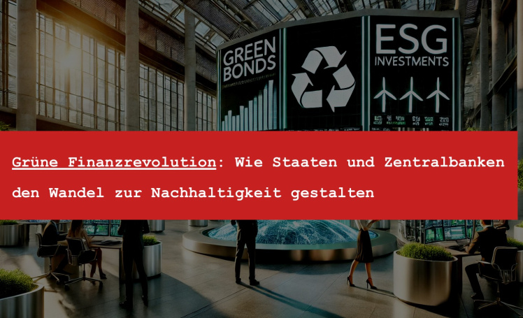 Eine hochmoderne Finanzzentrale mit Fokus auf nachhaltige Finanzen, grüne Anleihen und ESG-Investitionen. Digitale Displays zeigen klimafreundliche Strategien, während Fachleute im Gespräch sind. Subtile Elemente wie kleine Windturbinen und Solarpaneele ergänzen die Architektur und symbolisieren die Integration von Klimaschutz und Finanzwirtschaft.